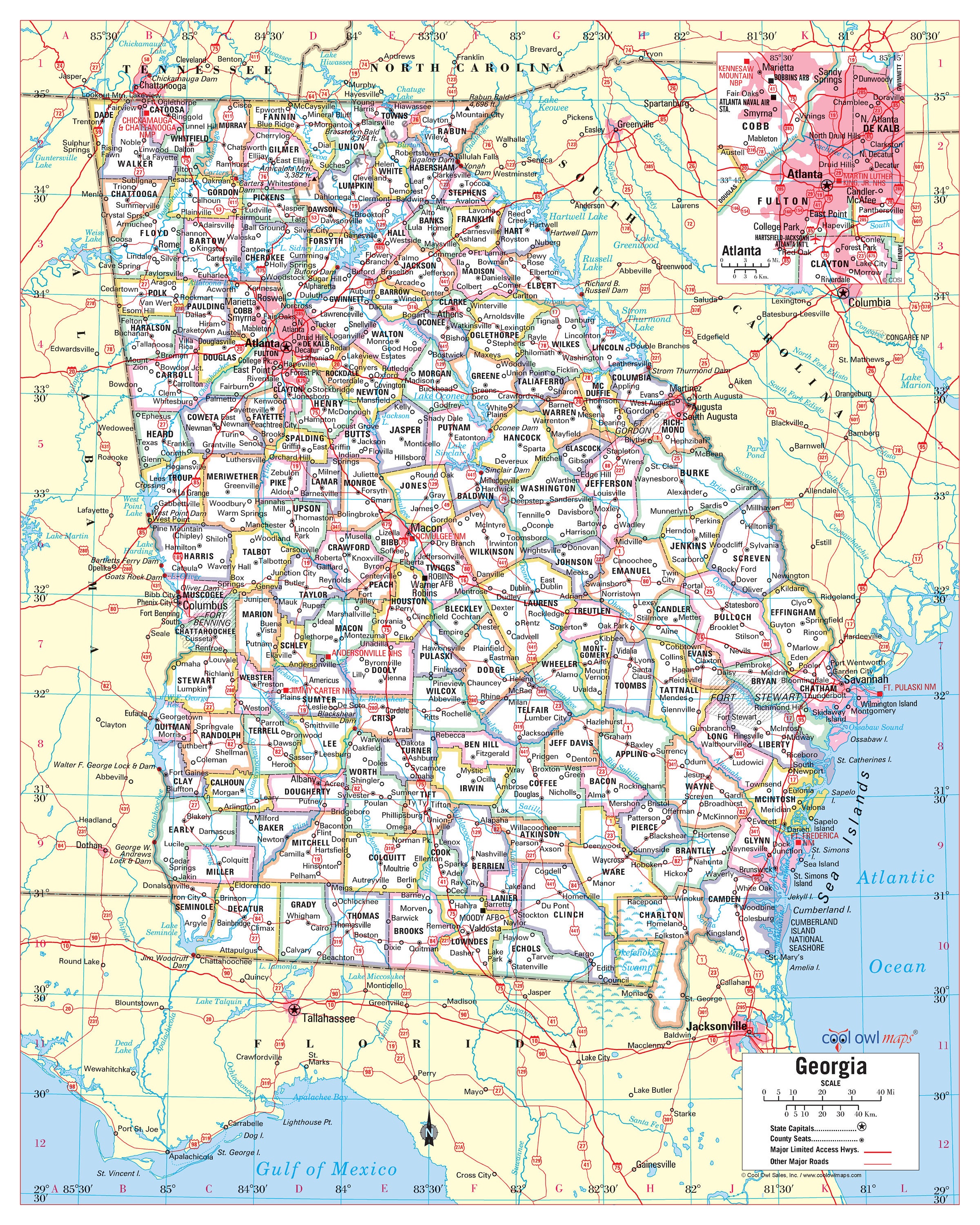 Georgia State Wall Map Large Print Poster - 24x30