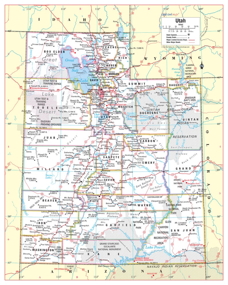 Utah State Wall Map Large Print Poster 24wx30h