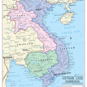 French-Indochina Vietnam, Laos, Cambodia Wall Map Poster 24&quot;Wx30&quot;H