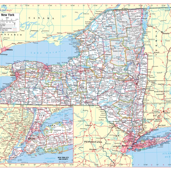 NEW YORK  State Wall Map Large Print Poster - 24"Wx30"H