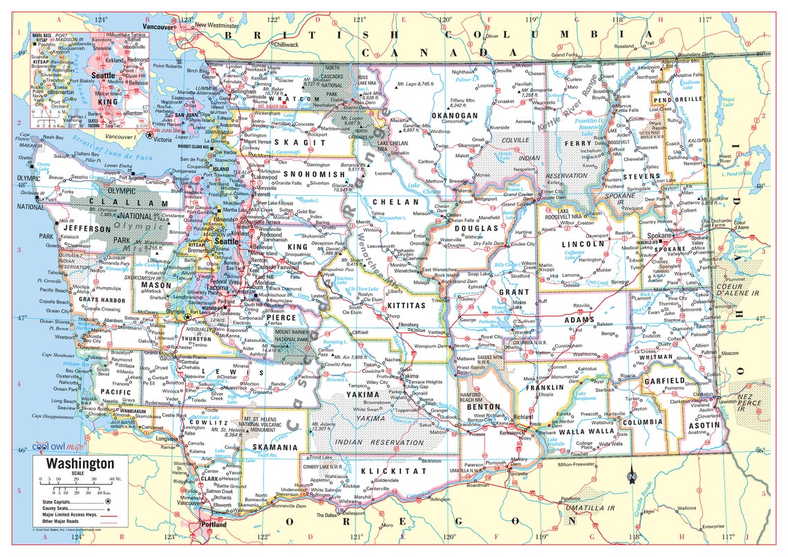 Washington State Wall Map Large Print Poster - Etsy