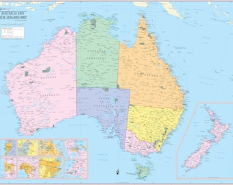 May include: A detailed map of Australia and New Zealand, showing the states and territories of each country. The map is color-coded, with each state or territory having a different color. The map also includes major cities, rivers, and other geographical features.