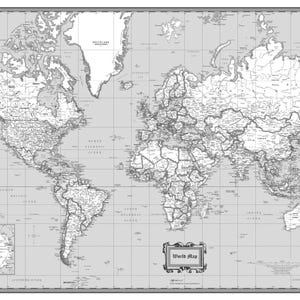 May include: A black and white world map with country borders and names. The map is on a light gray background with a grid pattern. The words "World Map" are in a decorative frame at the bottom of the map.