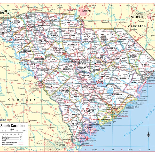 South Carolina State Wall Map Large Print Poster - 30"Wx24"H