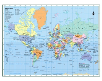 WORLD Wall Map Political Poster 22"x17"  or 32"x24" - LARGE PRINT Rolled Paper or Laminated