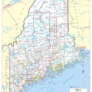 May include: A detailed political and physical map of the state of Maine, featuring county boundaries, major roads, cities, towns, and geographical landmarks like mountains and lakes. The map includes a scale bar and a legend for map symbols.