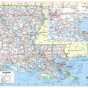 May include: A detailed map of Louisiana, USA, showing major cities, towns, highways, and geographical features. The map includes a zoomed-in inset of New Orleans and Baton Rouge.