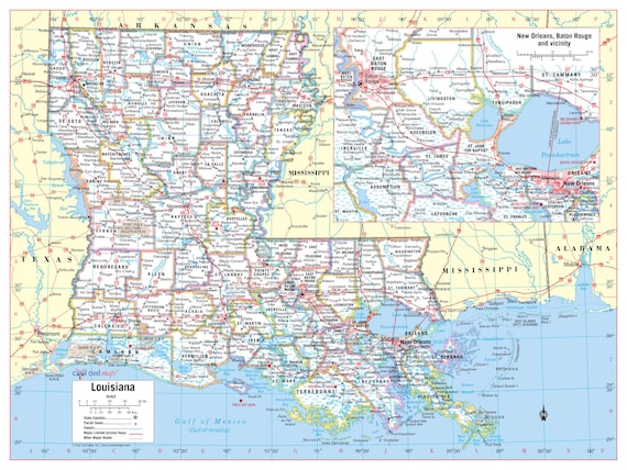 Carte Historique De La Louisiane - Poster Mural Vintage/art Déco - Reproduction Giclée