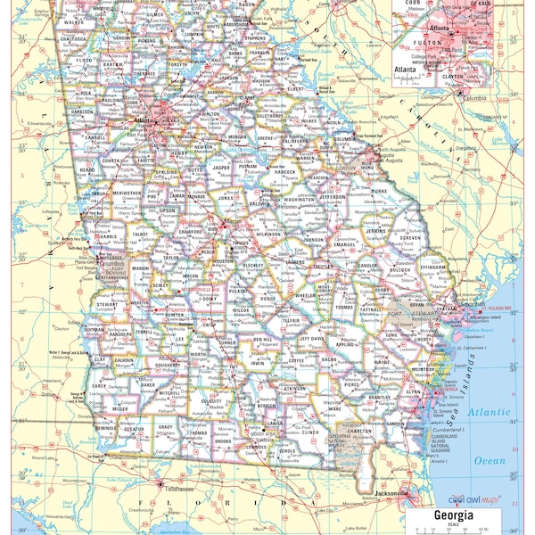 Georgia State Wall Map Large Print Poster - 24"x30"