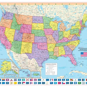 May include: A colorful map of the United States with state borders outlined in black. The map includes state names, major cities, and bodies of water. The map also includes a key explaining the symbols used on the map. The map is surrounded by a blue border.