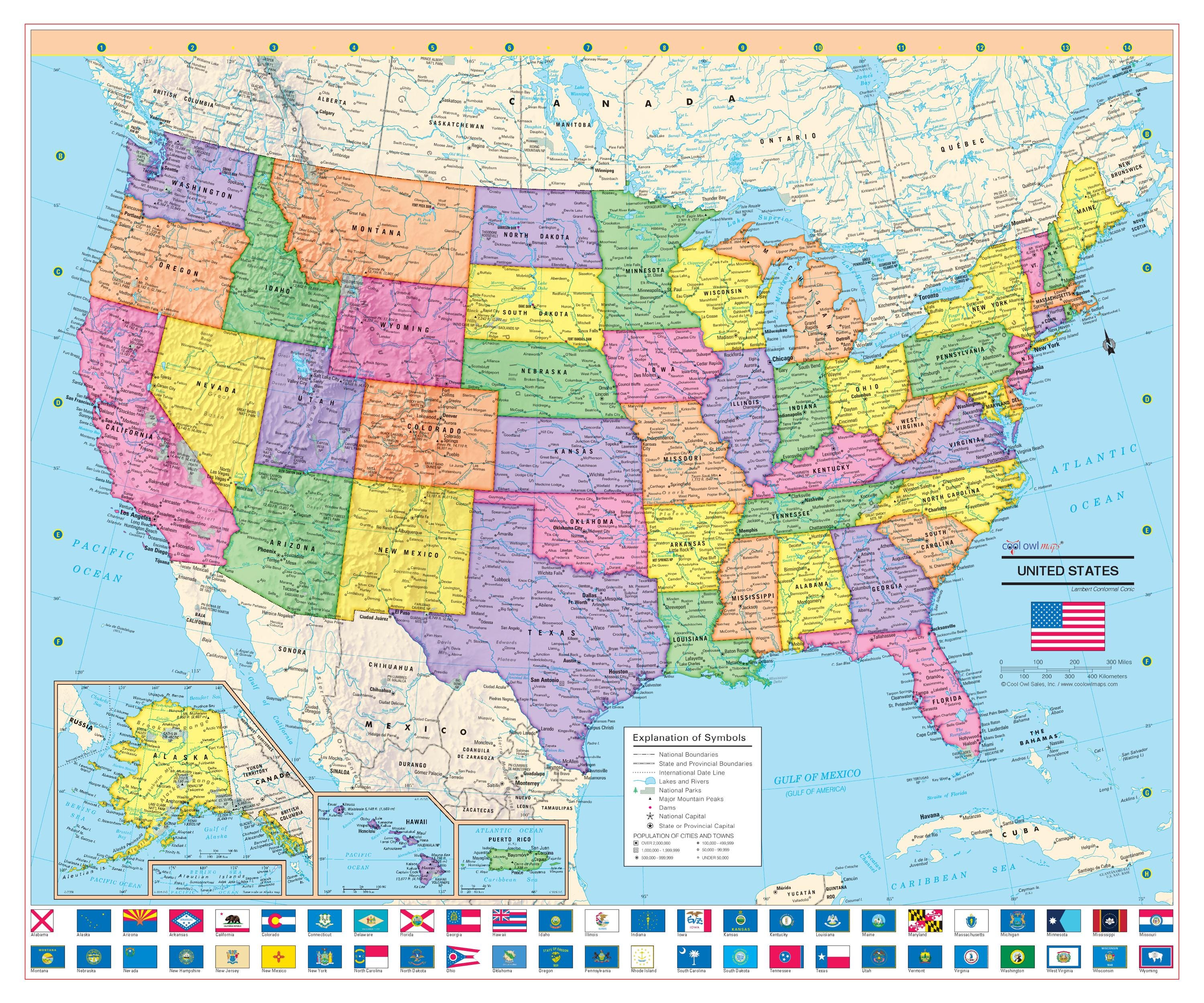 United States Wall Map USA Poster with US Flags - Rolled Paper or Laminated