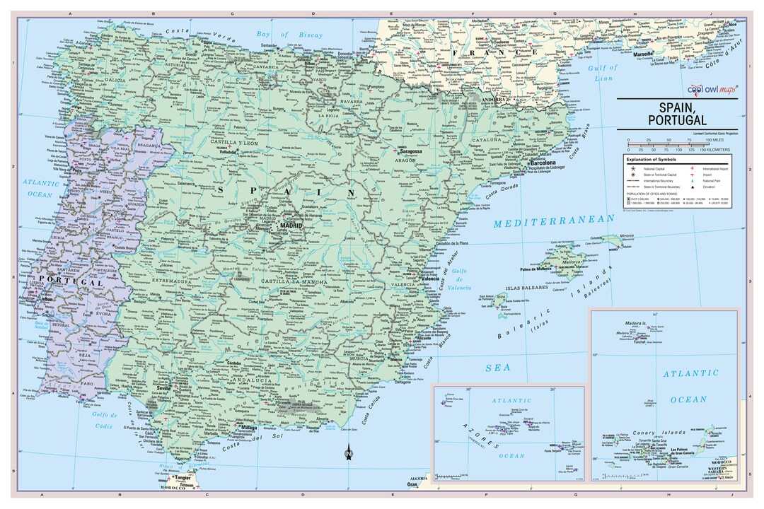 Map Of Spain And Portugal Educational Map Detailed Towns And Cities Poster