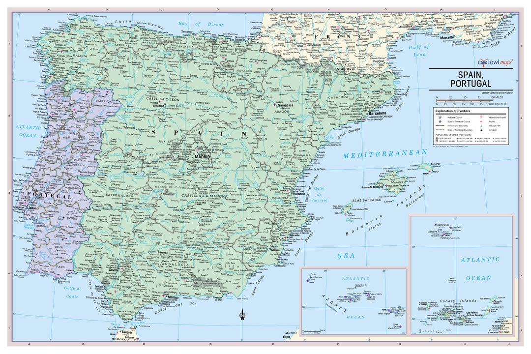 Map Of Spain And Portugal Educational Map Detailed Towns And Cities Poster