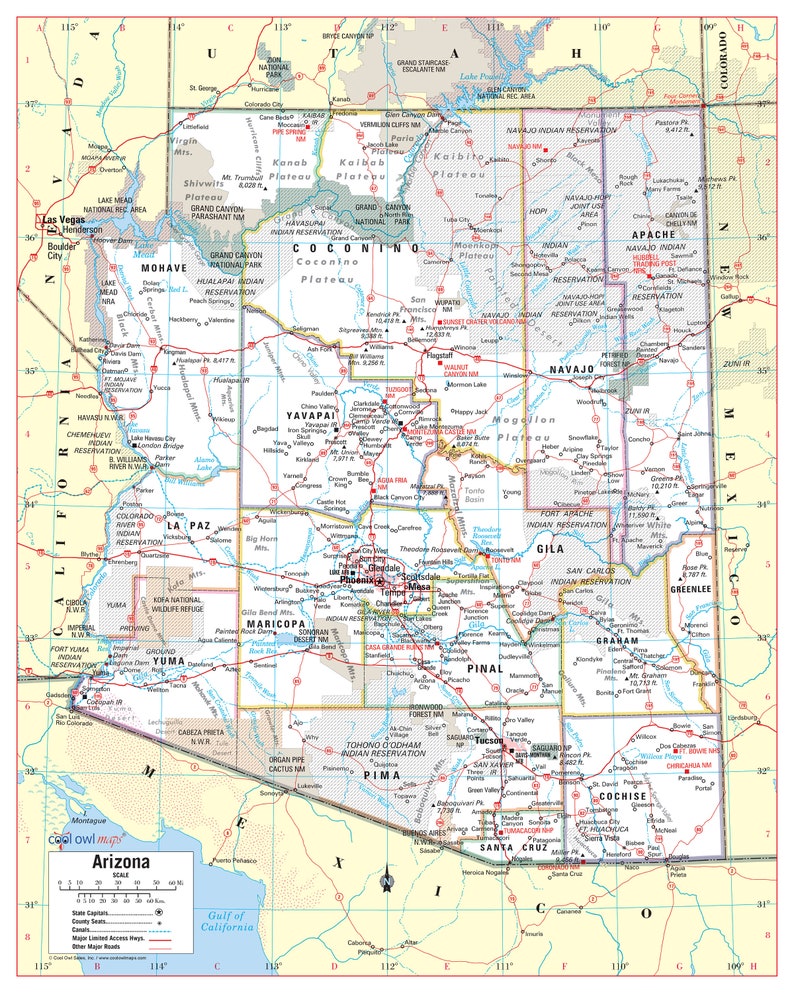arizona state wall map large print poster 24x30 etsy