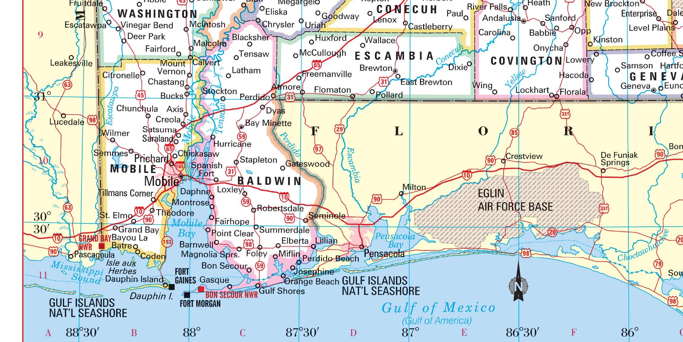 Laminated Map Large Detailed Administrative Map Of Alabama State With