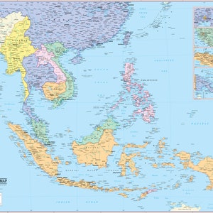 May include: A detailed map of Southeast Asia, showing the countries of Myanmar, Thailand, Laos, Cambodia, Vietnam, Malaysia, Singapore, Brunei, Indonesia, East Timor, and the Philippines. The map is printed on a light blue background with country borders in black and country names in white.
