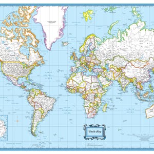 May include: A detailed world map with country borders and names. The map is printed on a light blue background with a grid pattern. The title "World Map" is printed in a decorative font at the bottom of the map.