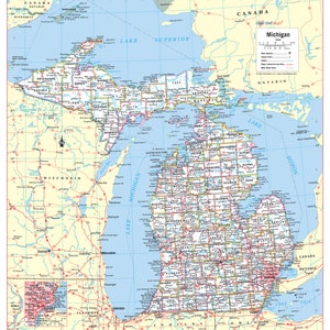 Michigan State Wall Map Large Print Poster 24&quot;Wx26&quot;H