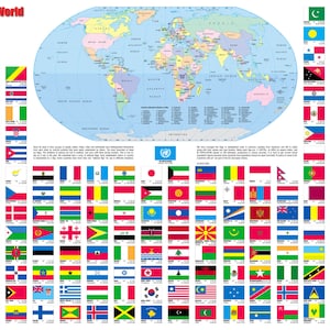 Flags of the World Wall Map Poster W36&quot;xH24&quot; Multi-Color Rolled Paper or Laminated