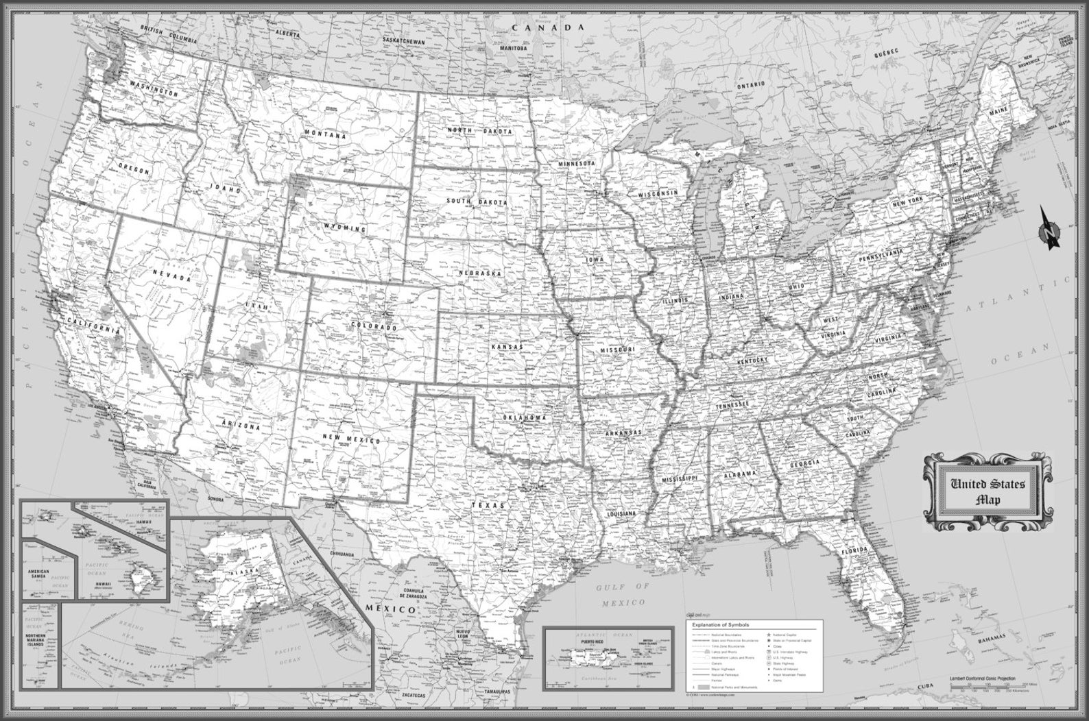 USA Wall Map Classic Black & White Poster 36x24 Etsy
