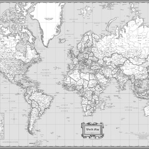 World Wall Map Classic Black & White Poster - 36"x24" Rolled Paper or Laminated