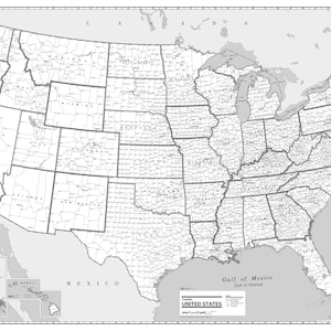 Póster en blanco y negro con mapa mural de condados de EE. UU. (papel enrollado o laminado)