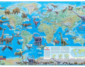 Affiche de carte murale du monde des dinosaures 36"x24 » papier roulé multicolore ou laminé