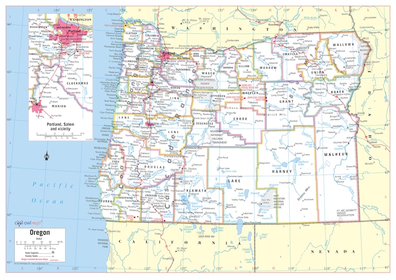 Oregon State Wall Map Large Print Poster 34x24 Etsy
