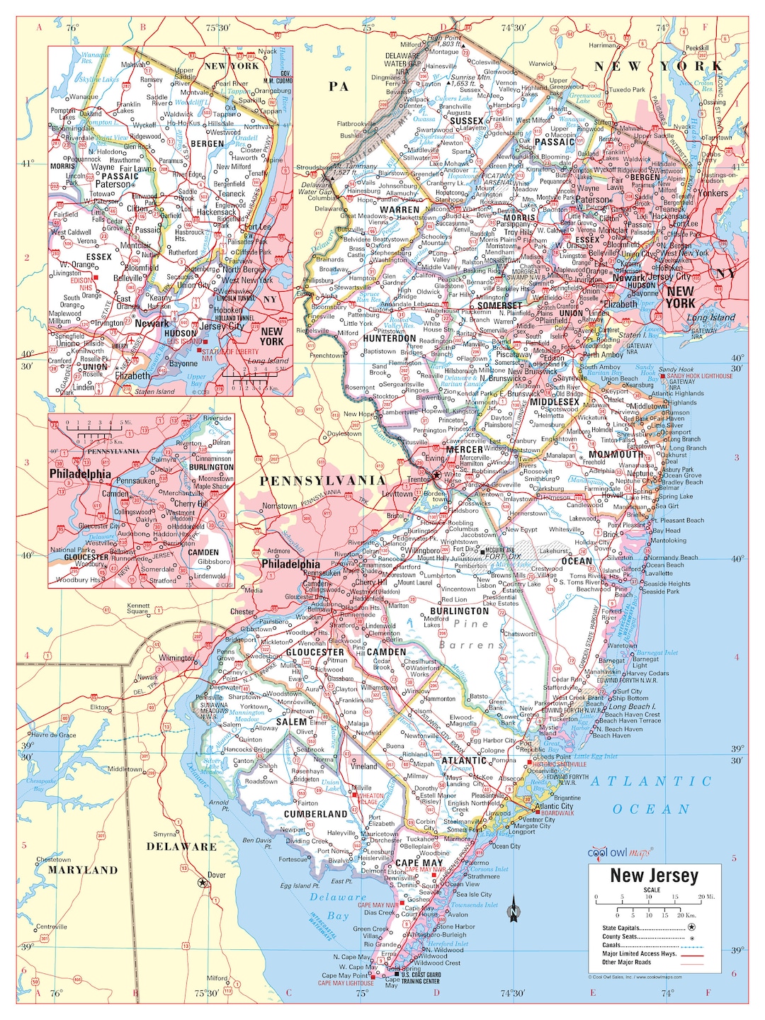 New Jersey State Wall Map Large Print Poster 24