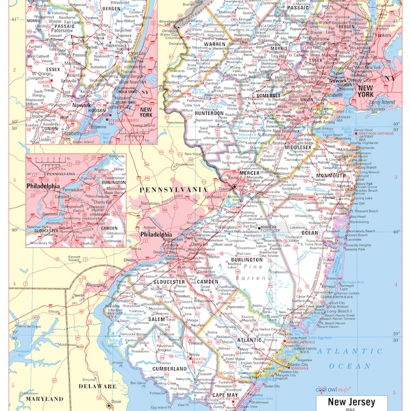 New Jersey State Wall Map Large Print Poster - 24"x32"