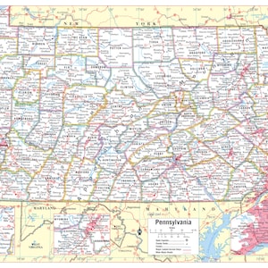 Pennsylvania State Wall Map Large Print Poster