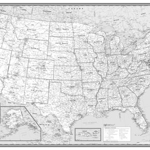 May include: A black and white map of the United States with state borders and major roads. The map is titled "United States Atlas".