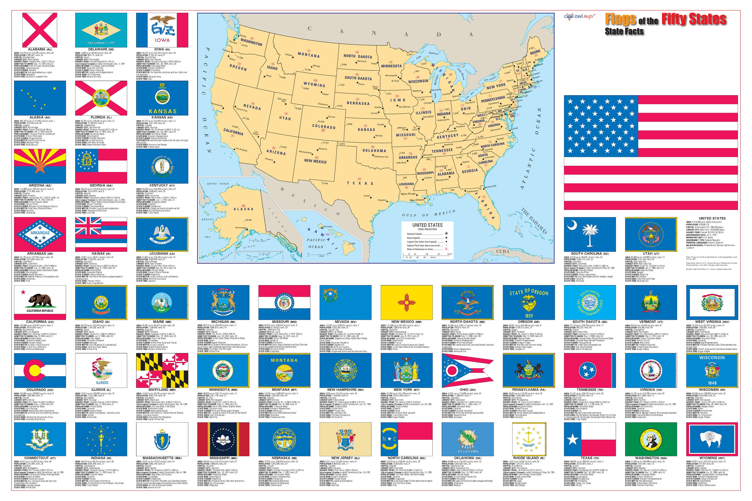 Flags Of The 50 Us States Wall Map Poster 36x24 Etsy