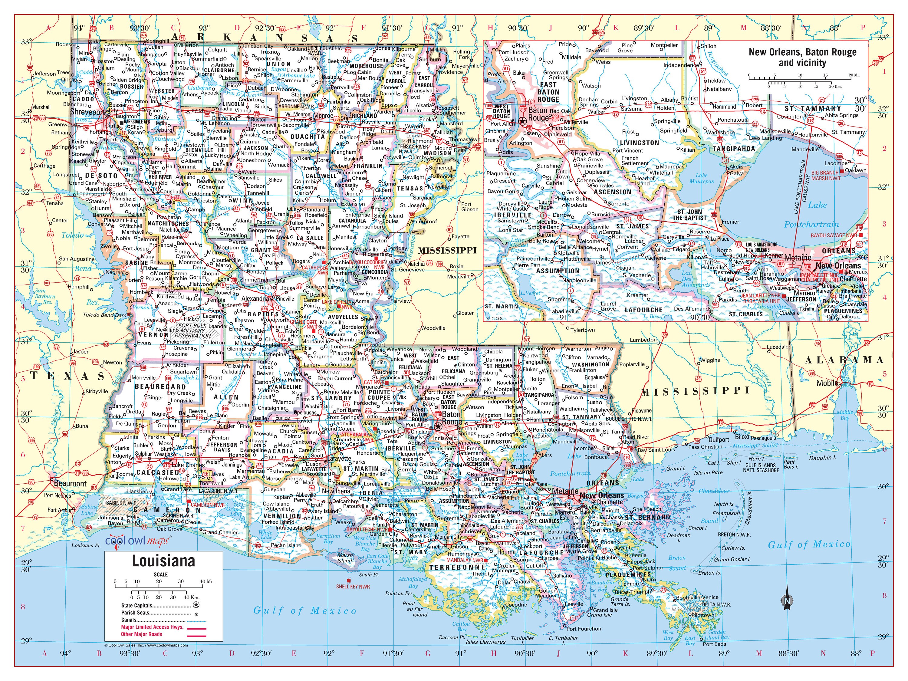 Louisiana State Wall Map Large Print Poster - 32Wx24H