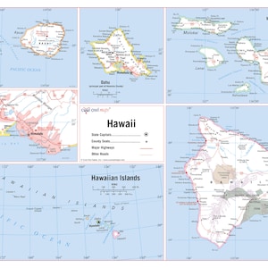 May include: A map of the Hawaiian Islands, showing the major islands of Kauai, Oahu, Maui, Molokai, Lanai, and Hawaii. The map includes major highways, county seats, and other roads. The map also includes a scale and a compass.