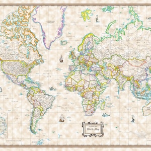 May include: A vintage-style world map with a beige background and a grid pattern. The map features detailed borders of countries and continents in various colors, including green, yellow, orange, and red. The map is titled "World Map" in a decorative font.