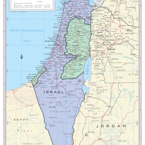 Israel with West Bank and Gaza Strip disputed territories Wall Map Poster Large Print Rolled 24W&quot;x38&quot;H