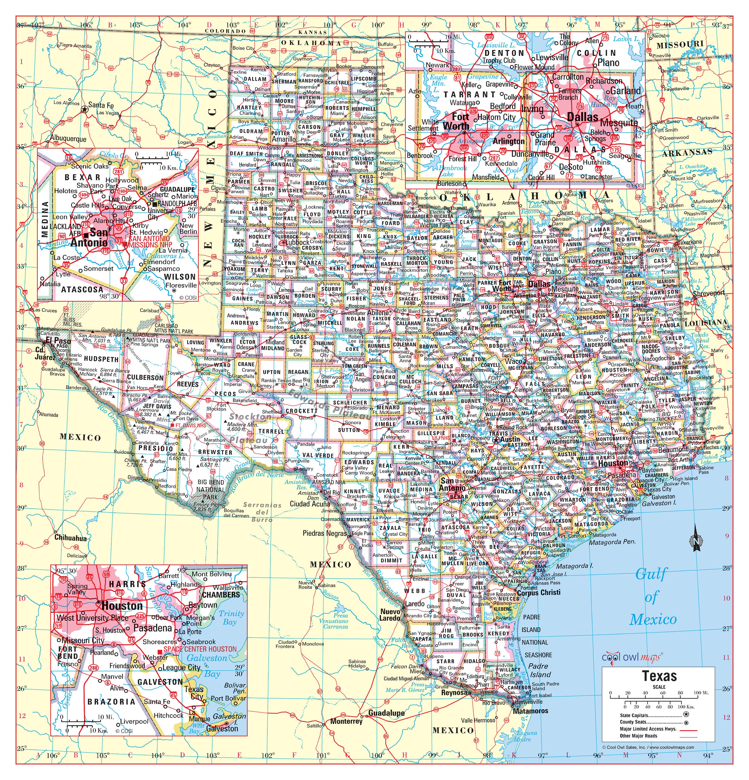 Texas State Wall Map Large Print Poster