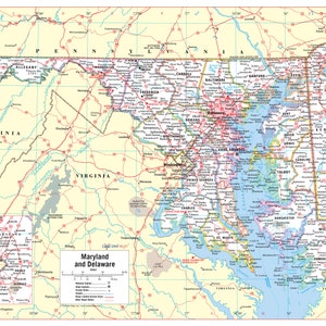 Maryland and Delaware States Wall Map Large Print Poster - 36&quot;Wx24&quot;H