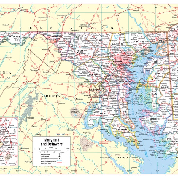 Maryland and Delaware States Wall Map Large Print Poster - 36"Wx24"H