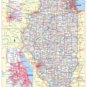 ILLINOIS State Wall Map Large Print Poster - 24"Wx32"H