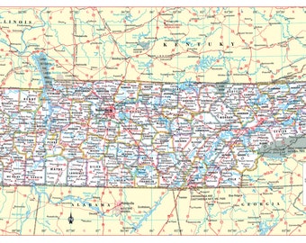 Tennessee State Wall Map Large Print Poster - 36"Wx18"H