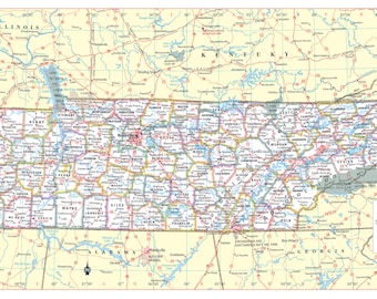 Tennessee State Wall Map Large Print Poster - 36"Wx18"H