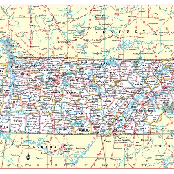 Tennessee State Wall Map Large Print Poster - 36"Wx18"H