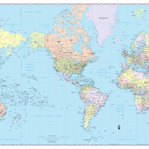 May include: A detailed world map with country borders and names, featuring a light blue ocean background and landmasses in various shades of green, yellow, and brown. The map includes a compass rose and the text "WORLD MAP" in the bottom right corner.