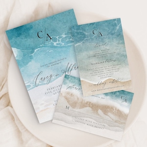Beach Wedding Invitation Suite, Destination Wedding, Beach Watercolor Invite, Wedding Invitation Template, Invitation Set, Printable Invite