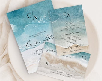 Beach Wedding Invitation Suite, Destination Wedding, Beach Watercolor Invite, Wedding Invitation Template, Invitation Set, Printable Invite