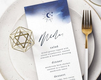 Celestial Watercolor Menu, Celestial Dinner Menu, Blue Watercolor Menu, Sun Moon Stars Menu Template, Modern Customizable Menu