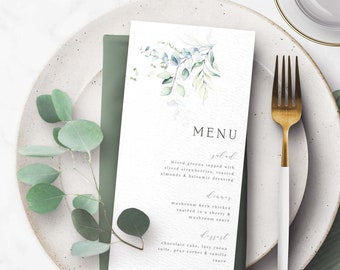 Eucalyptus Wedding Menu, Greenery Template, Romantic Greenery Menu, Menu Template, Printable Dinner Menu, DIY Wedding Template