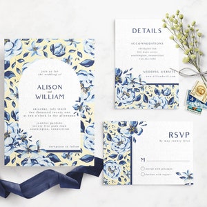 Modèle d'invitation de mariage floral jaune bleu, mariage floral français, suite de mariage voûtée, suite d'invitation imprimable image 1